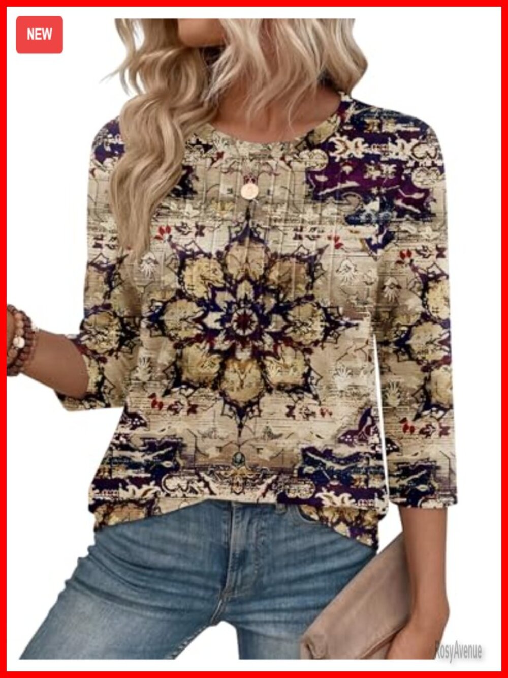 Women's 3/4 Sleeve Crew Neck Blouse Lightweight Stretch Knit Tunic